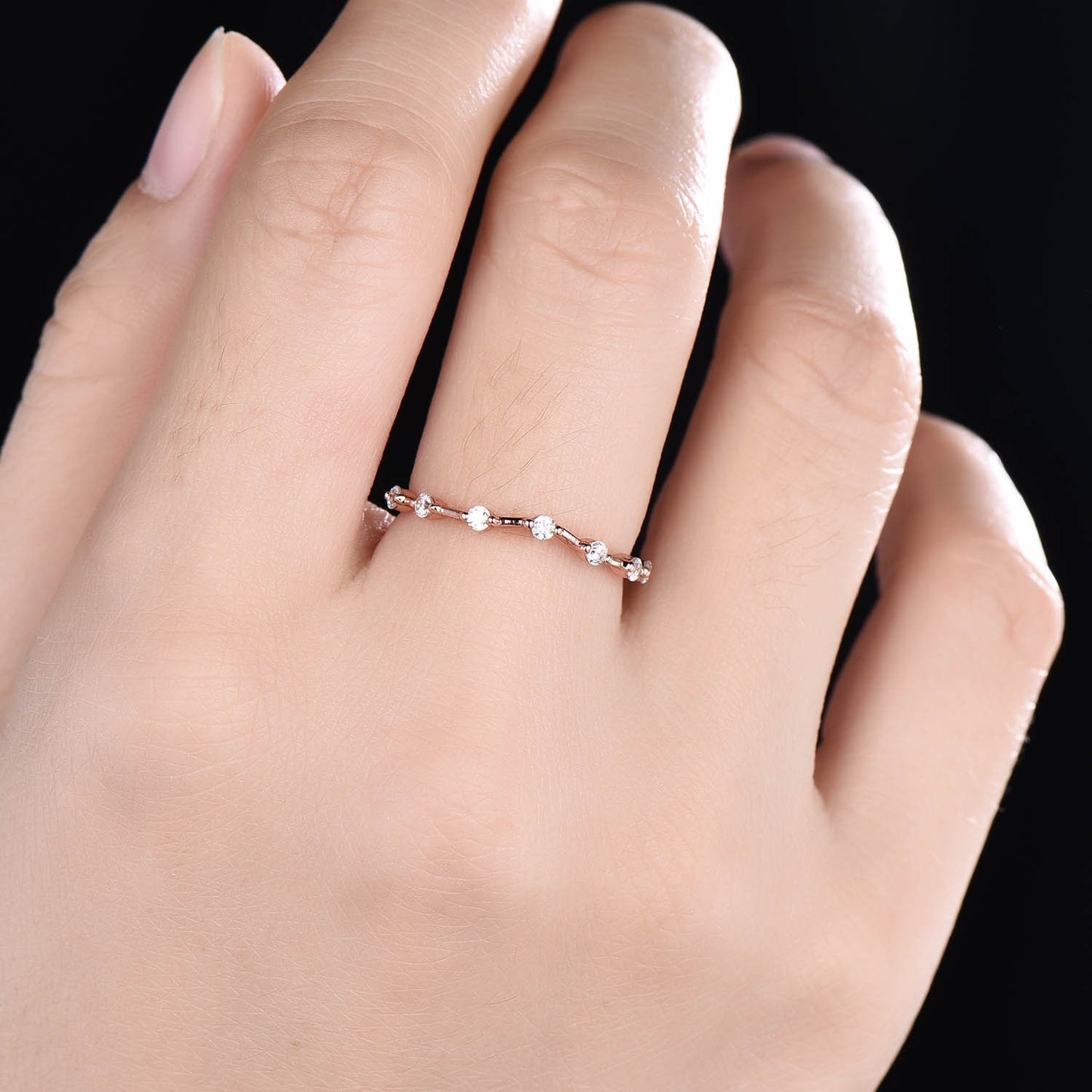 Dainty Diamond Wedding Band Rose Gold Curved Wedding Ring Stacking Matching Band For Women Genuine Diamond Anniversary Gift For Her