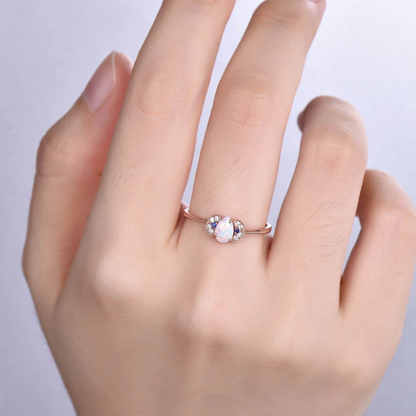 Opal Engagement Ring Set Rose Gold Diamond Blue Sapphire Matching Band Infinity Stacking Bridal Wedding Ring Set Birthstone Promise Jewelry
