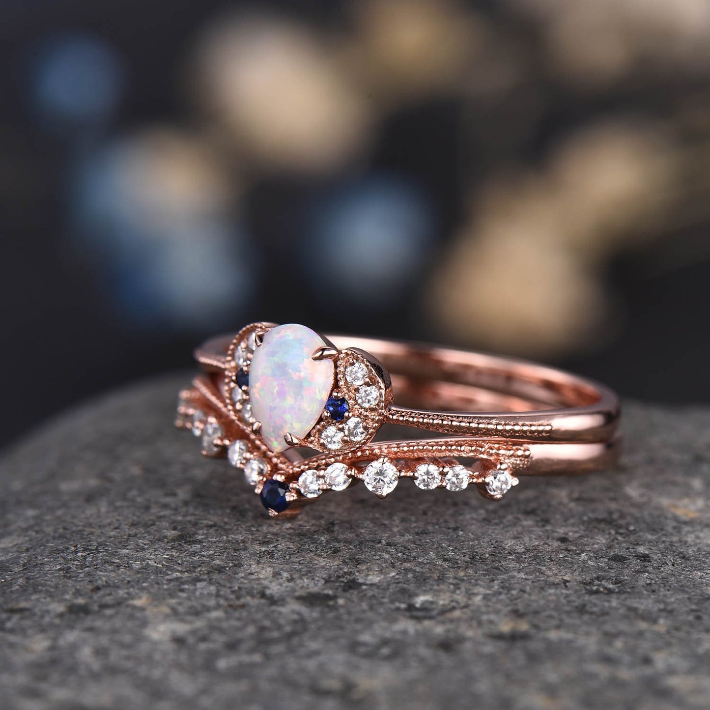 Opal Engagement Ring Set Rose Gold Diamond Blue Sapphire Matching Band Infinity Stacking Bridal Wedding Ring Set Birthstone Promise Jewelry