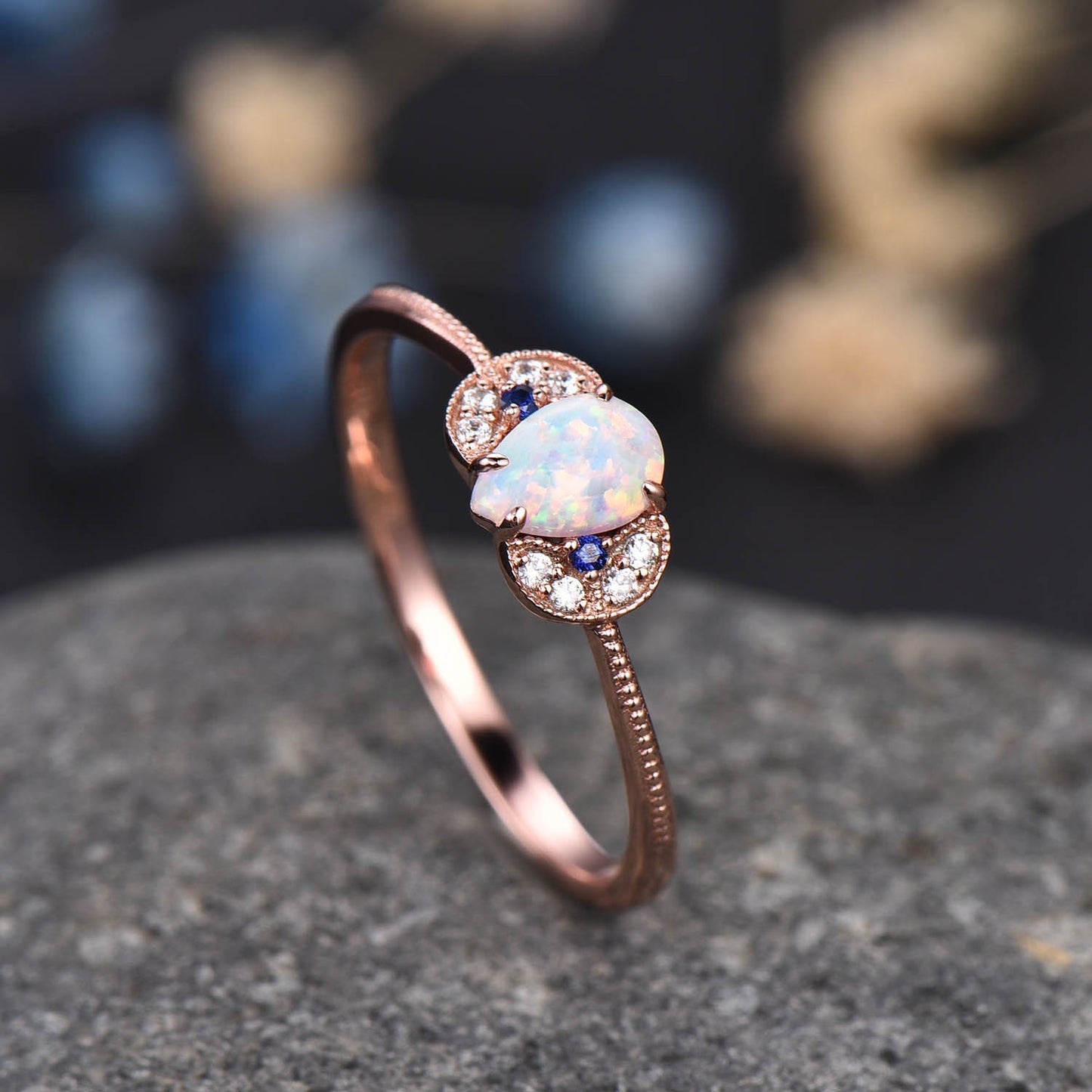 Opal Engagement Ring Set Rose Gold Diamond Blue Sapphire Matching Band Infinity Stacking Bridal Wedding Ring Set Birthstone Promise Jewelry