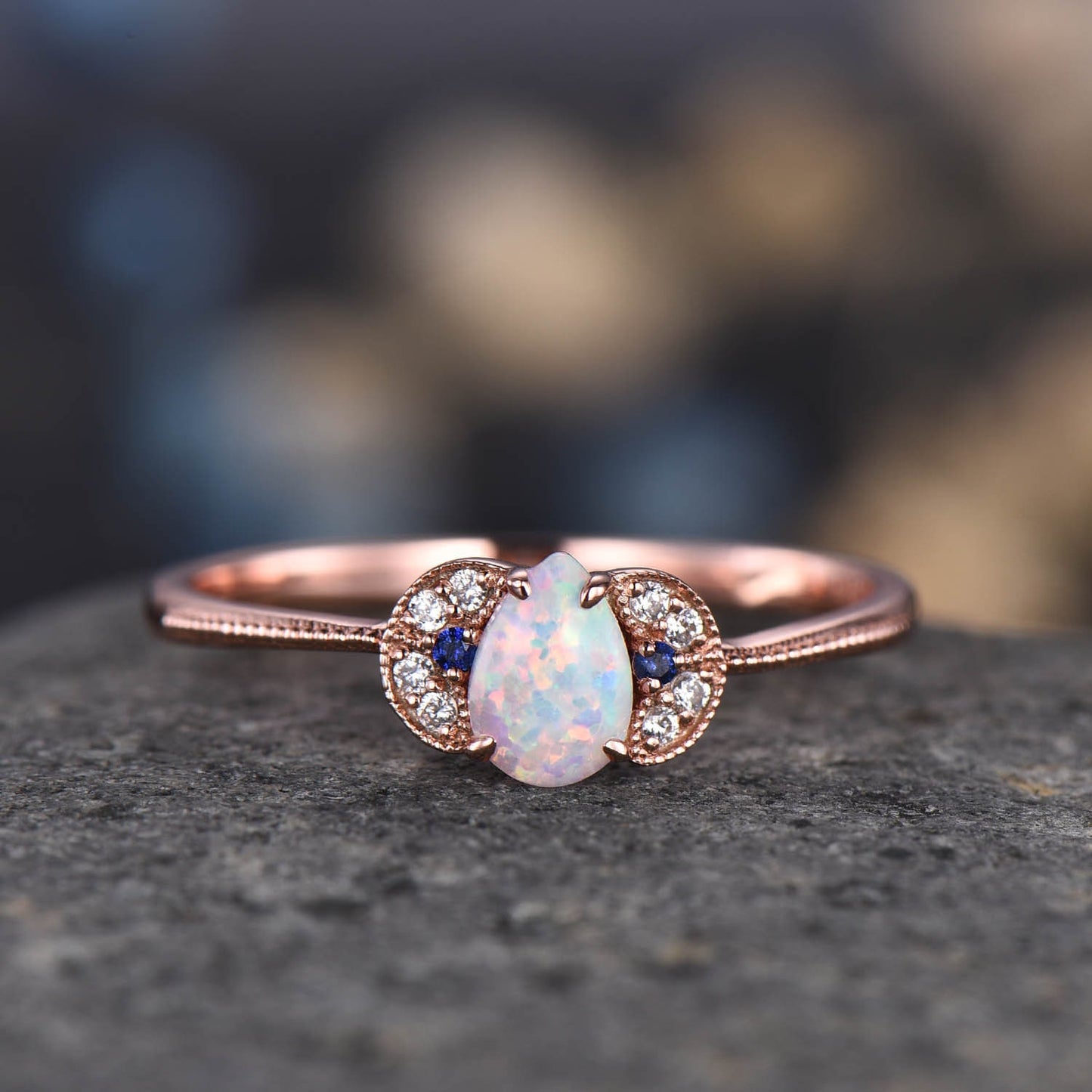 Opal Engagement Ring Set Rose Gold Diamond Blue Sapphire Matching Band Infinity Stacking Bridal Wedding Ring Set Birthstone Promise Jewelry