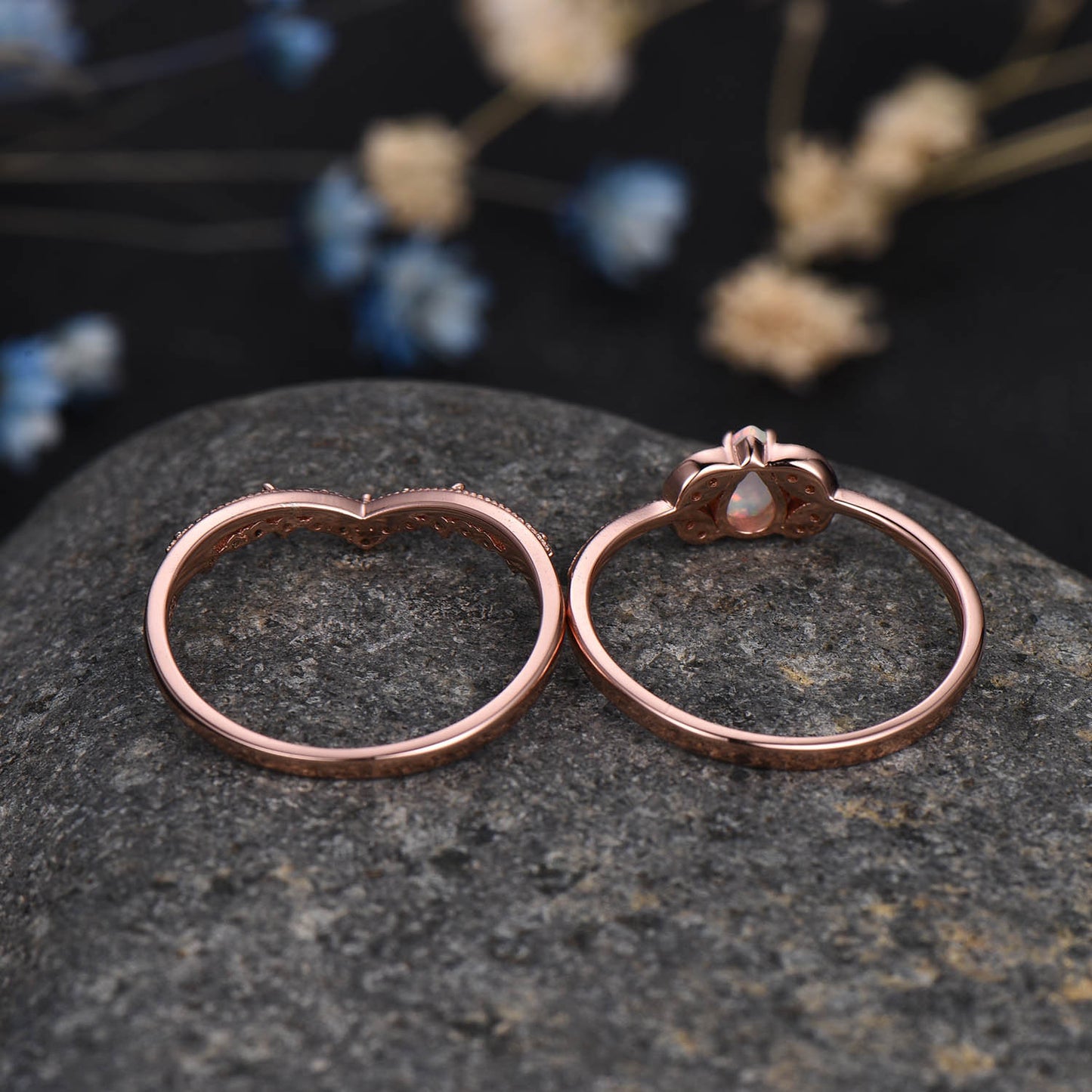 Opal Engagement Ring Set Rose Gold Diamond Blue Sapphire Matching Band Infinity Stacking Bridal Wedding Ring Set Birthstone Promise Jewelry