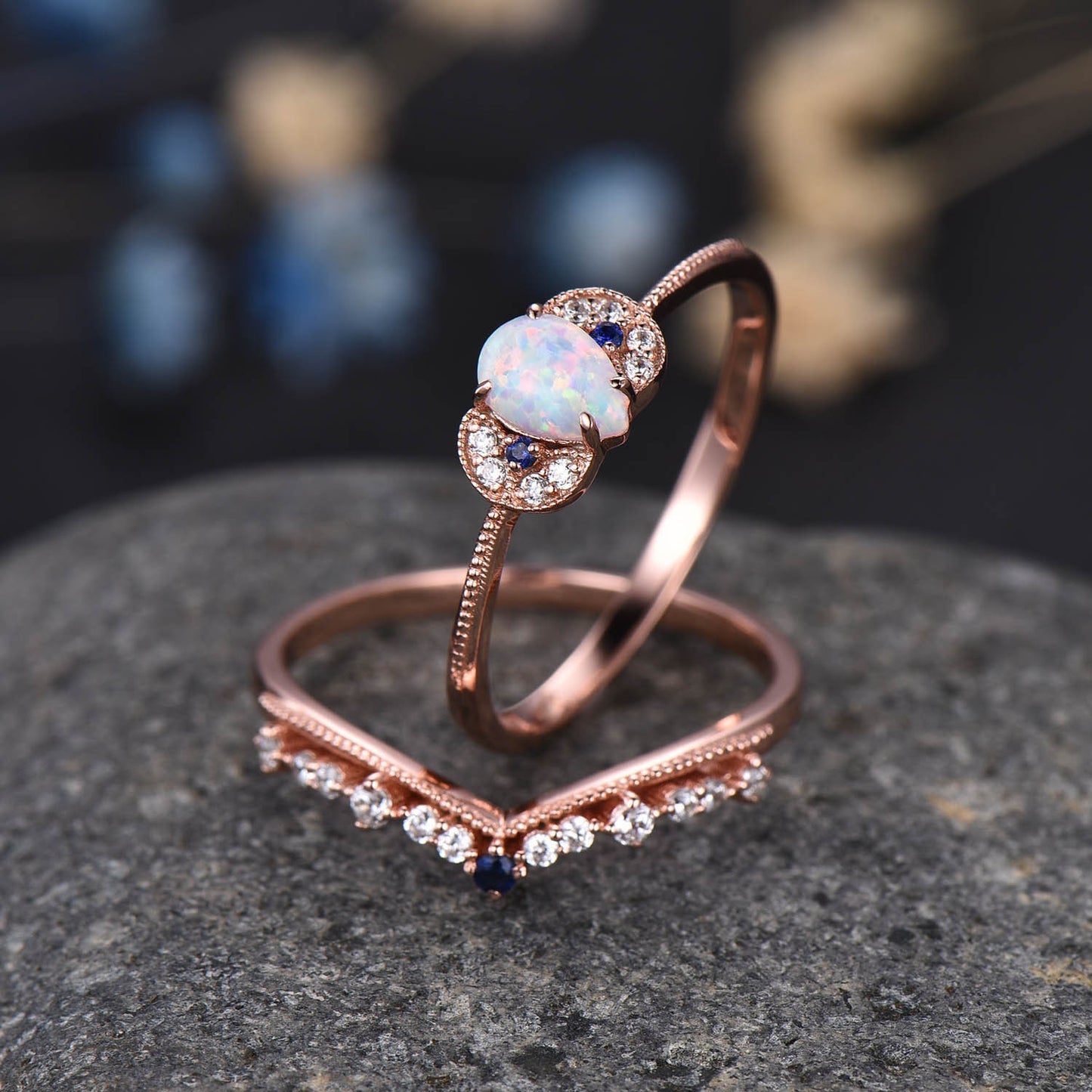 Opal Engagement Ring Set Rose Gold Diamond Blue Sapphire Matching Band Infinity Stacking Bridal Wedding Ring Set Birthstone Promise Jewelry