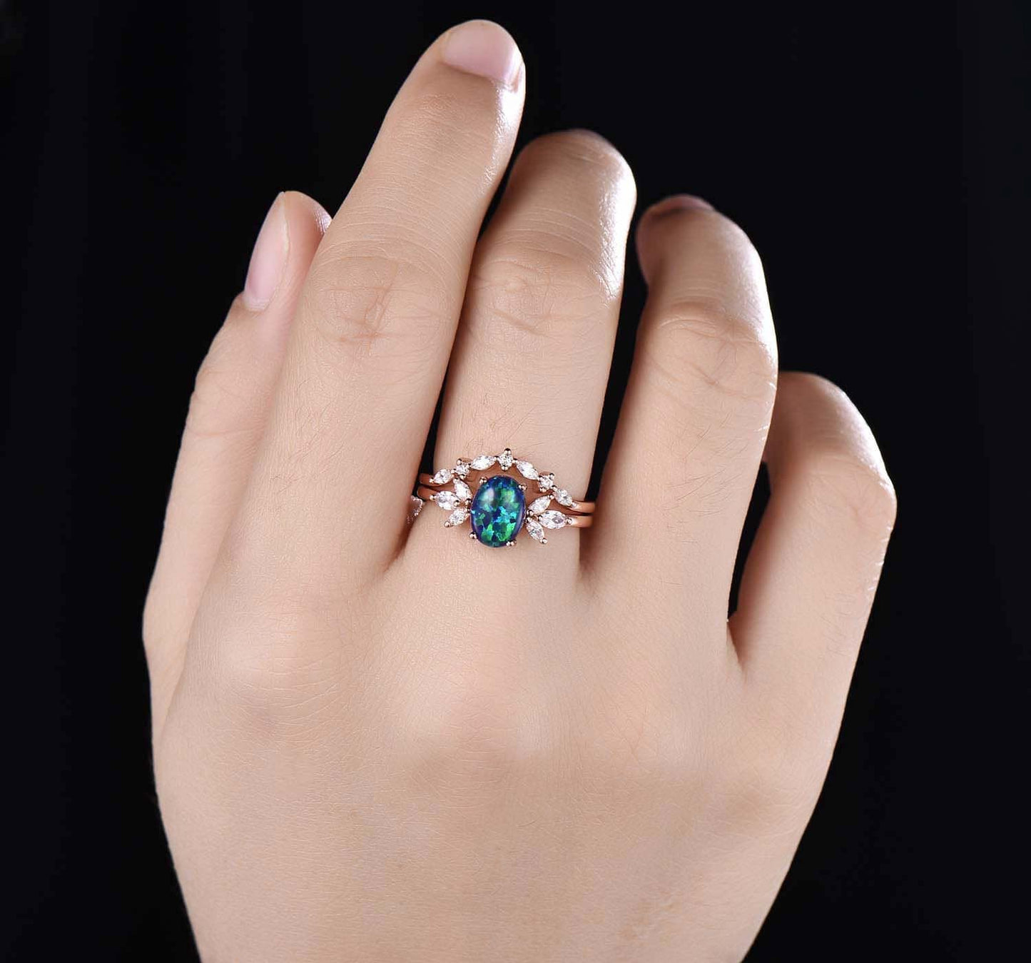 Blue Opal Engagement Ring Set Women Stacking Matching Band Diamond/Moissanite Eternity Ring Unique Vintage Floral Design Promise Gift