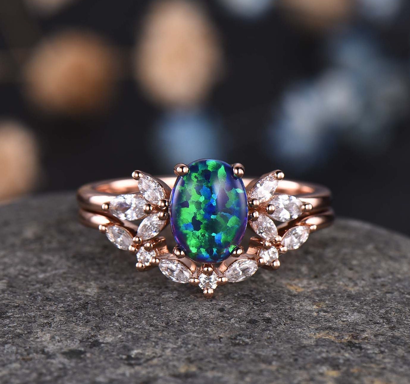 Blue Opal Engagement Ring Set Women Stacking Matching Band Diamond/Moissanite Eternity Ring Unique Vintage Floral Design Promise Gift