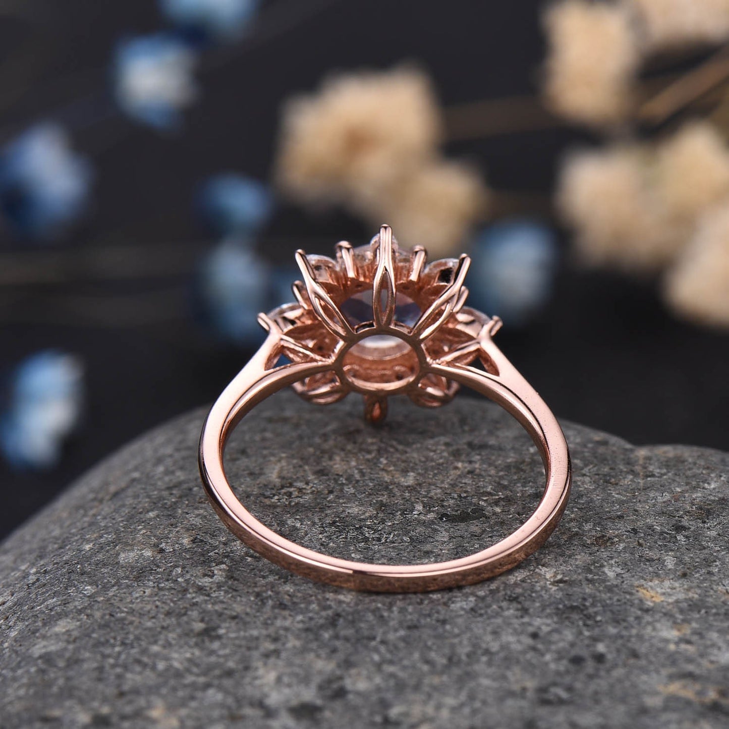 Moonstone Engagement Ring Women Diamond Ring Rose Plain Gold Band Vintage Floral Promise Bridal Jewelry Diamond/Moissanite Halo