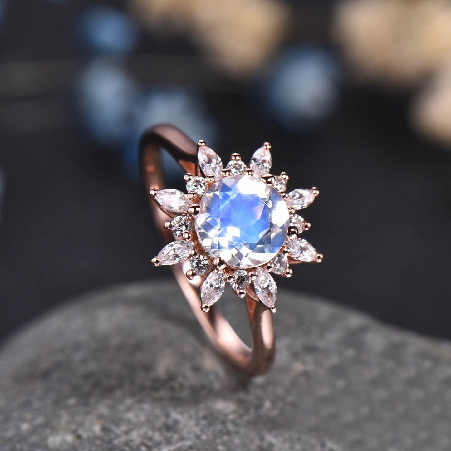 Moonstone Engagement Ring Women Diamond Ring Rose Plain Gold Band Vintage Floral Promise Bridal Jewelry Diamond/Moissanite Halo
