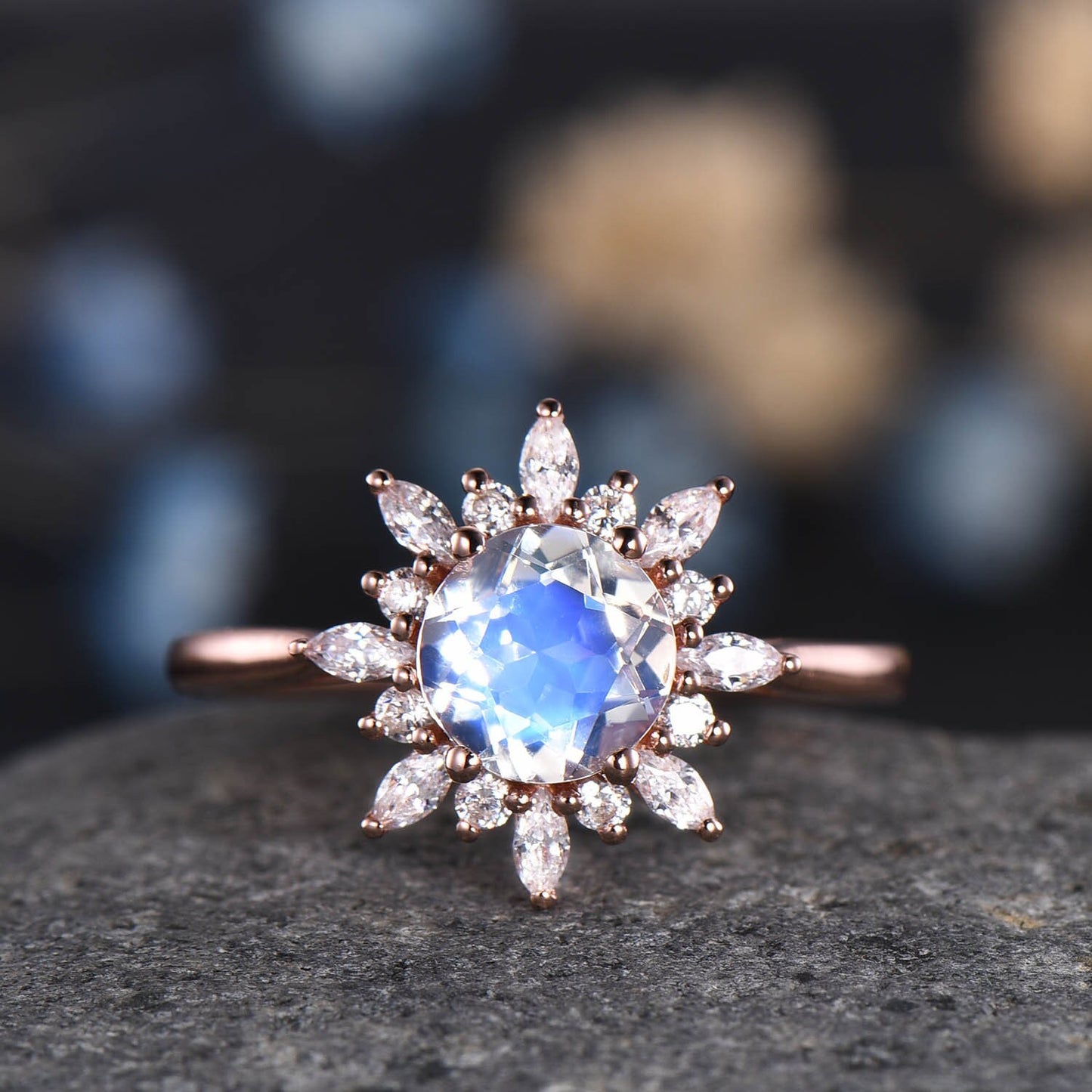 Moonstone Engagement Ring Women Diamond Ring Rose Plain Gold Band Vintage Floral Promise Bridal Jewelry Diamond/Moissanite Halo