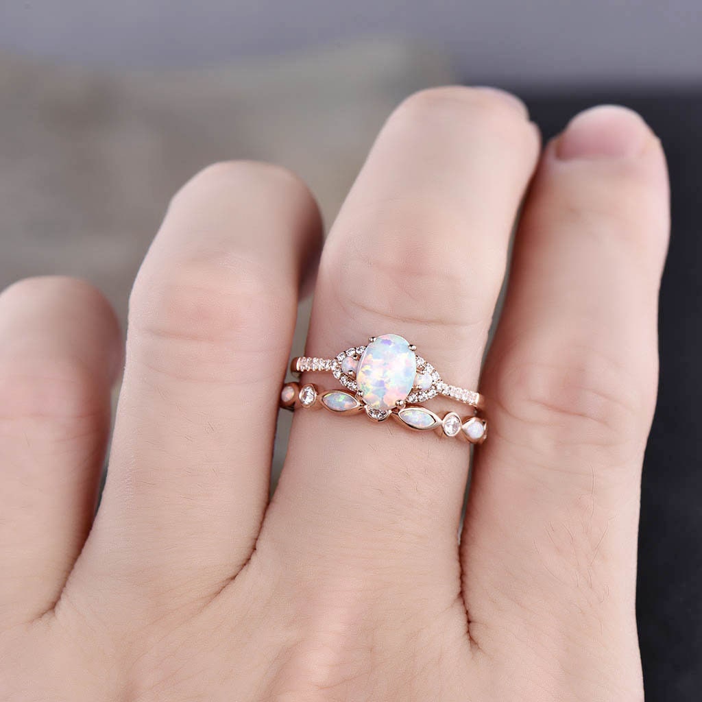 Opal rings for women, Oval white opal engagement ring, Opal eternity band, Rose gold opal rings, Wedding ring set, Bridal set