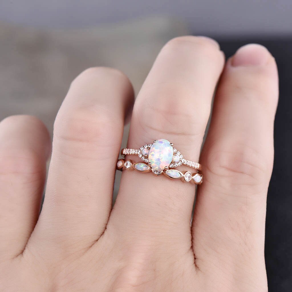 Opal rings for women, Oval white opal engagement ring, Opal eternity band, Rose gold opal rings, Wedding ring set, Bridal set