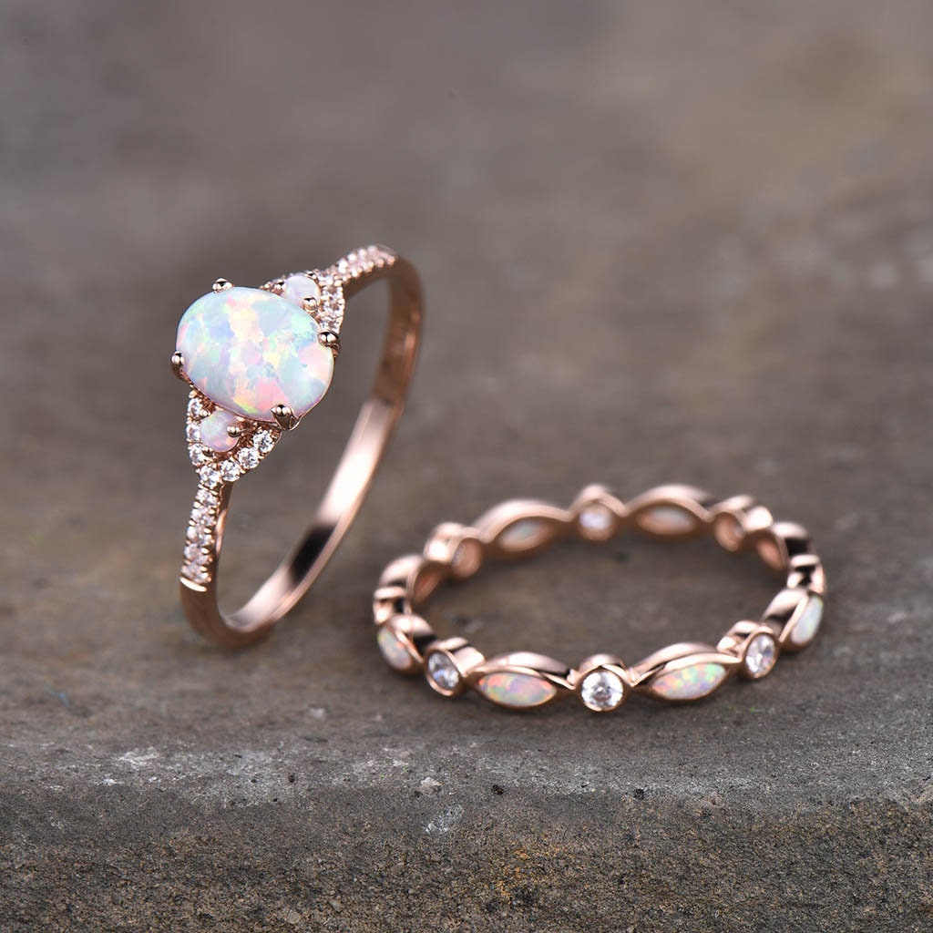 Opal rings for women, Oval white opal engagement ring, Opal eternity band, Rose gold opal rings, Wedding ring set, Bridal set