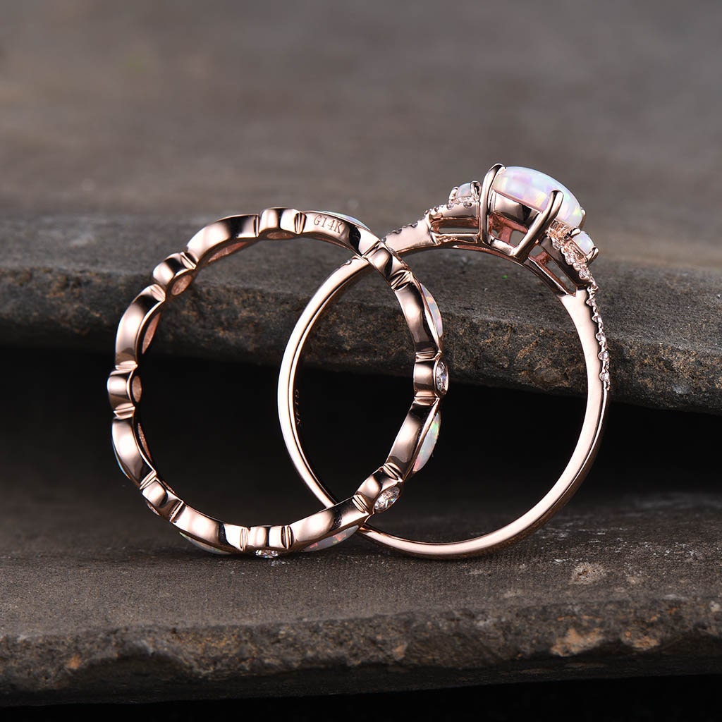 Opal rings for women, Oval white opal engagement ring, Opal eternity band, Rose gold opal rings, Wedding ring set, Bridal set