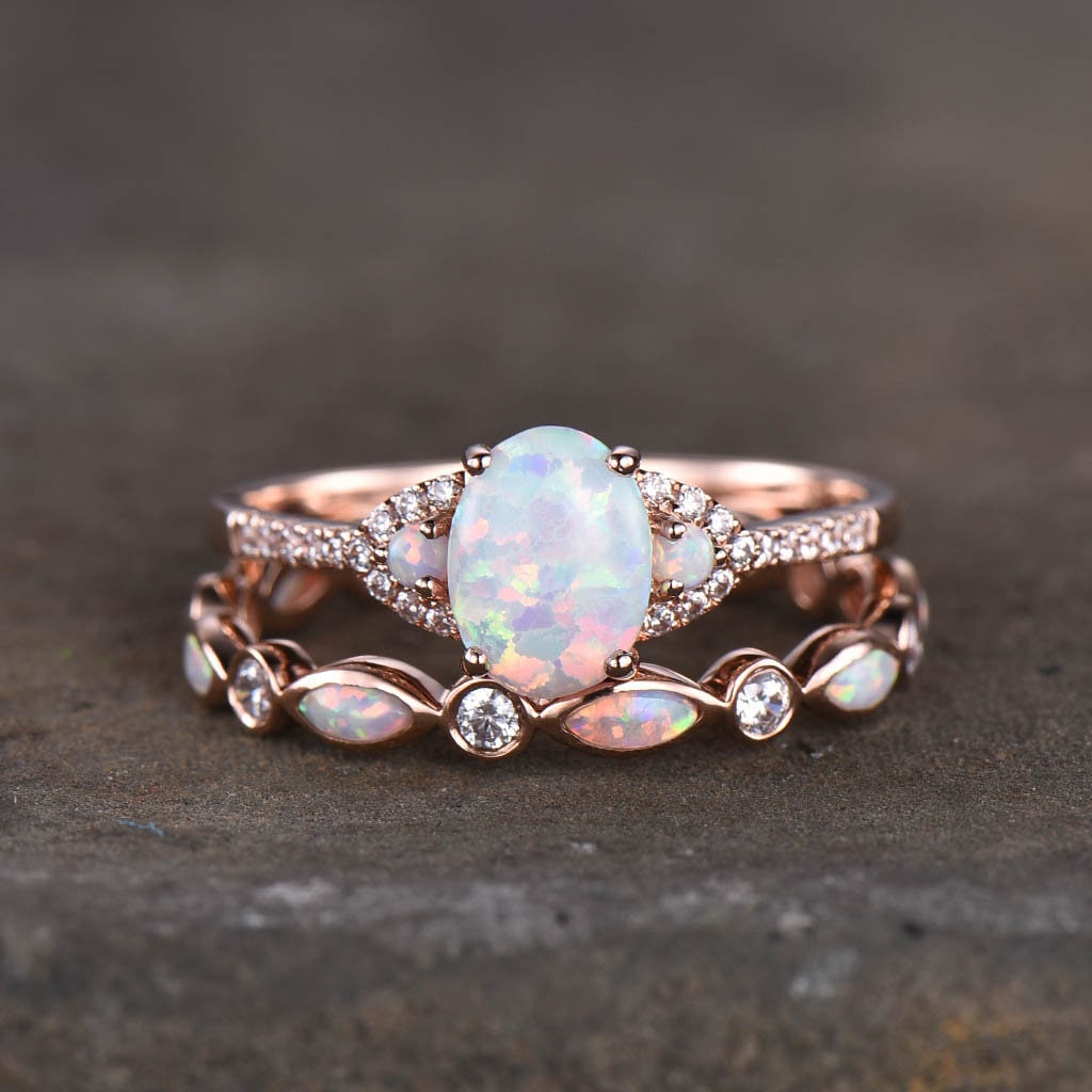 Opal rings for women, Oval white opal engagement ring, Opal eternity band, Rose gold opal rings, Wedding ring set, Bridal set