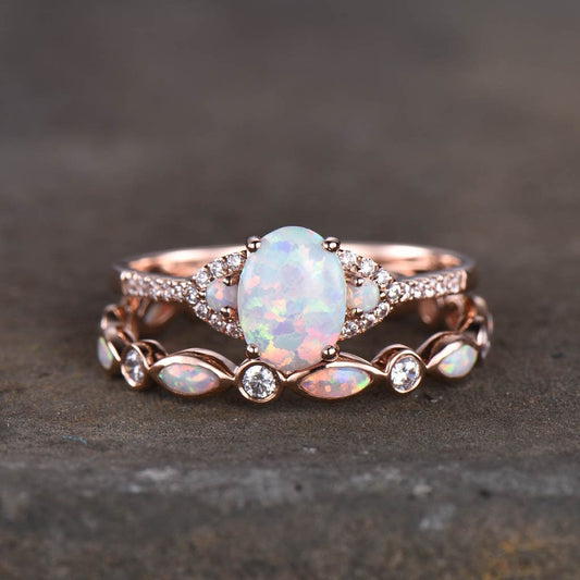 Opal rings for women, Oval white opal engagement ring, Opal eternity band, Rose gold opal rings, Wedding ring set, Bridal set
