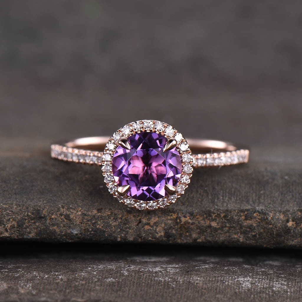 Amethyst Ring, Amethyst CZ Wedding Ring Set, Natural Round Cut Amethyst Engagement Ring, CZ Diamond Twist Band, Bridal Set, Anniversary Gift