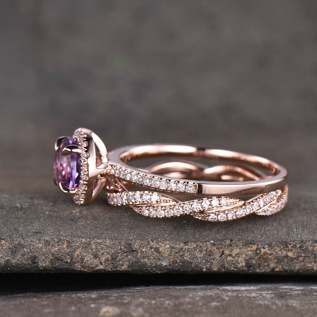 Amethyst Ring, Amethyst CZ Wedding Ring Set, Natural Round Cut Amethyst Engagement Ring, CZ Diamond Twist Band, Bridal Set, Anniversary Gift
