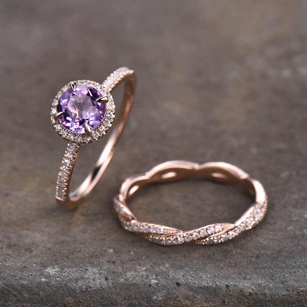 Amethyst Ring, Amethyst CZ Wedding Ring Set, Natural Round Cut Amethyst Engagement Ring, CZ Diamond Twist Band, Bridal Set, Anniversary Gift