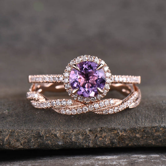 Amethyst Ring, Amethyst CZ Wedding Ring Set, Natural Round Cut Amethyst Engagement Ring, CZ Diamond Twist Band, Bridal Set, Anniversary Gift