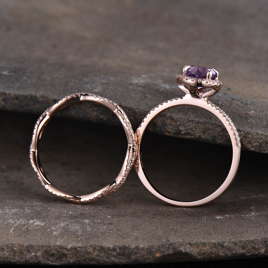 Amethyst Ring, Amethyst CZ Wedding Ring Set, Natural Round Cut Amethyst Engagement Ring, CZ Diamond Twist Band, Bridal Set, Anniversary Gift