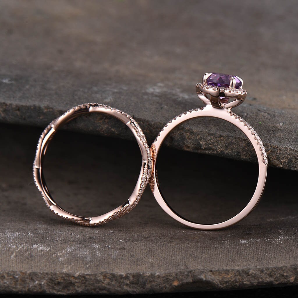 Amethyst Ring, Amethyst CZ Wedding Ring Set, Natural Round Cut Amethyst Engagement Ring, CZ Diamond Twist Band, Bridal Set, Anniversary Gift