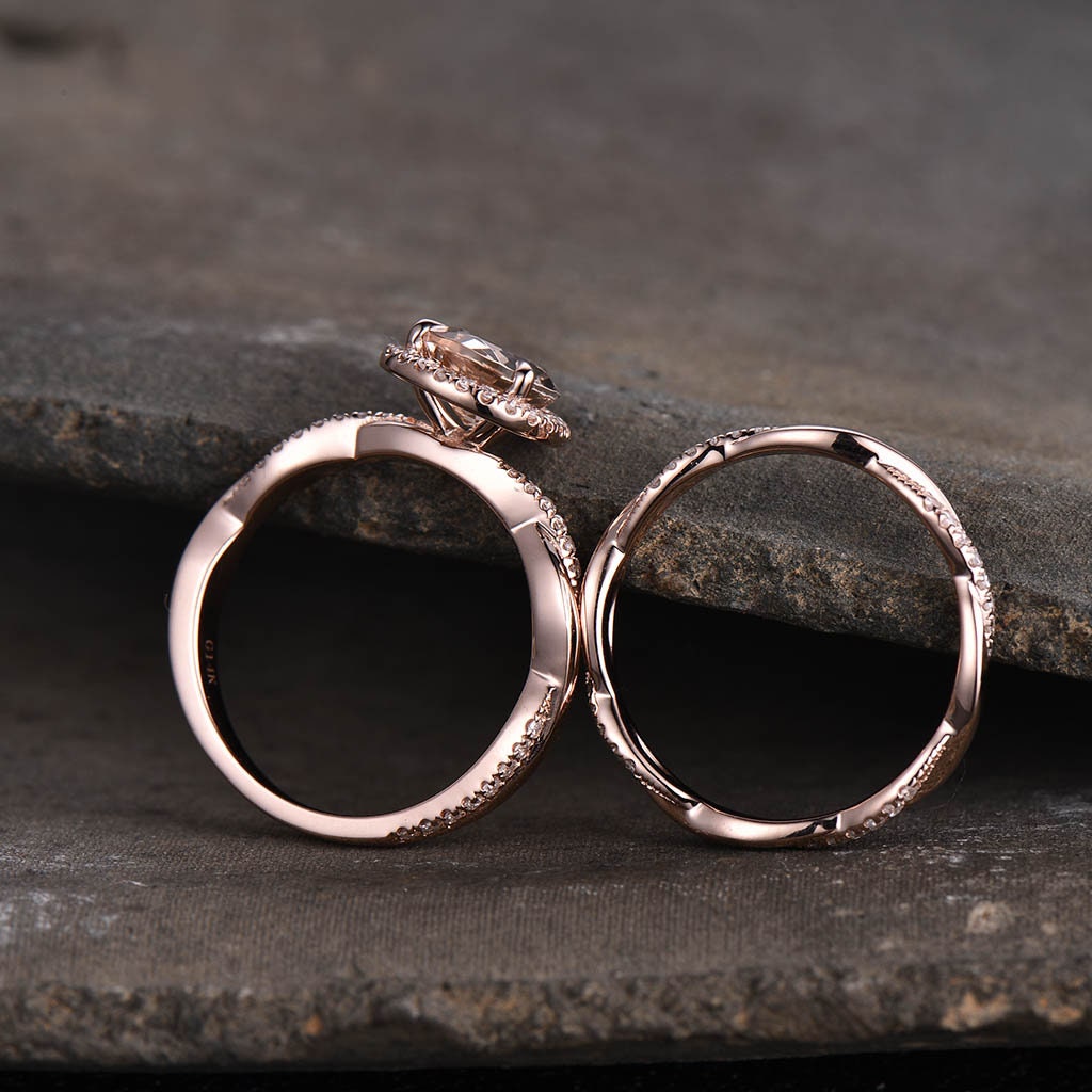 Vintage Morganite Engagement Ring Set Teardrop Morganite Ring Twist Wedding Band Engagement Ring Promise Ring Bridal Set Rose Gold
