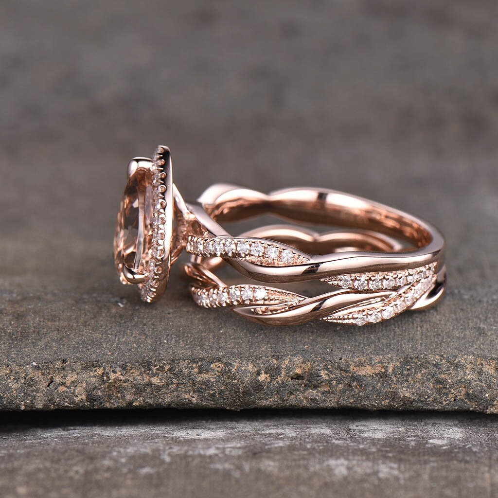 Vintage Morganite Engagement Ring Set Teardrop Morganite Ring Twist Wedding Band Engagement Ring Promise Ring Bridal Set Rose Gold