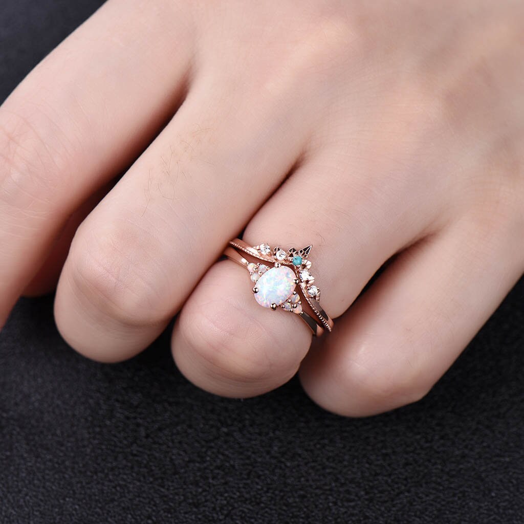 Opal Ring, Oval White Fire Opal Engagement Ring, Vintage Bridal Set Rose Gold, Promise Ring, Anniversary Birthday Gift for Her