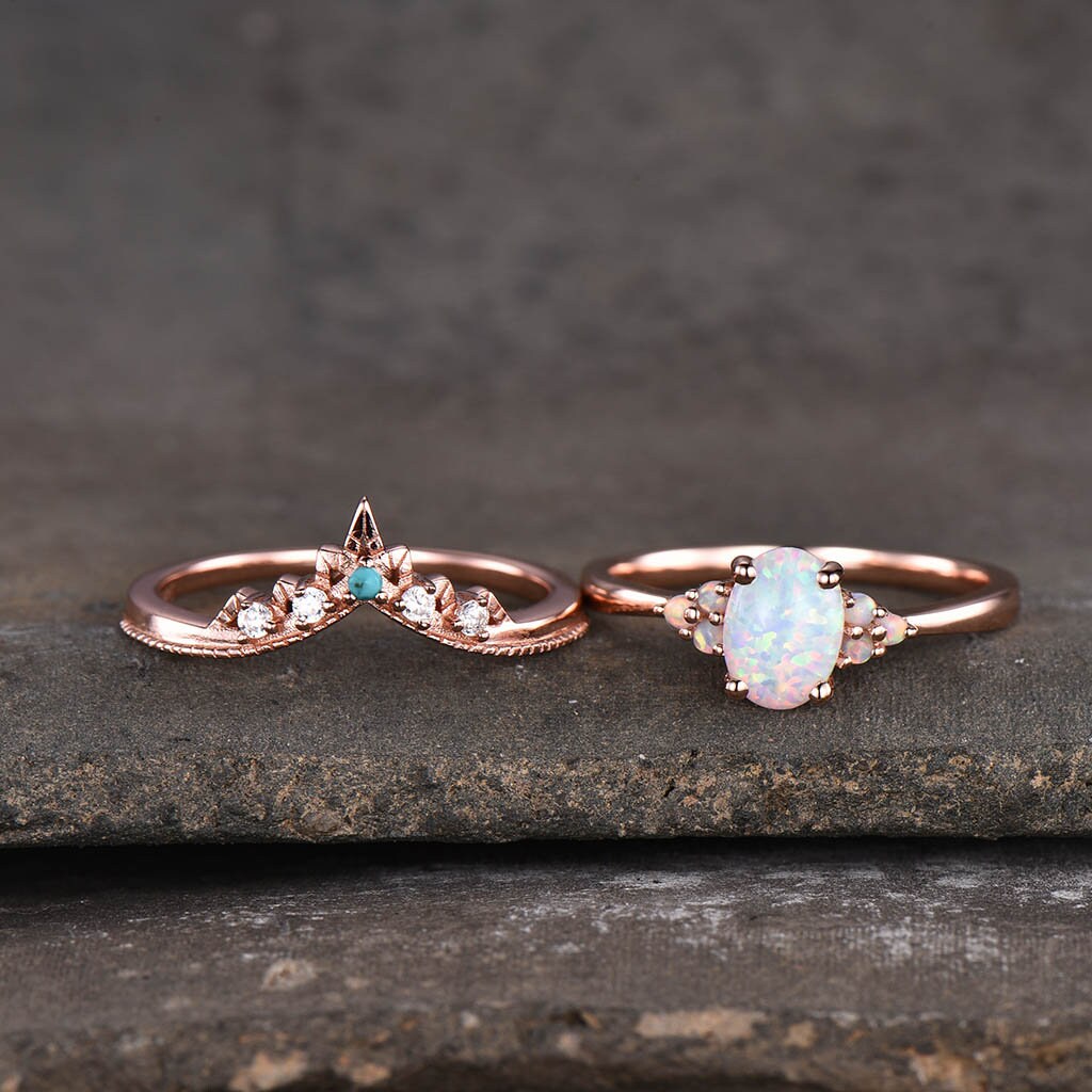 Opal Ring, Oval White Fire Opal Engagement Ring, Vintage Bridal Set Rose Gold, Promise Ring, Anniversary Birthday Gift for Her