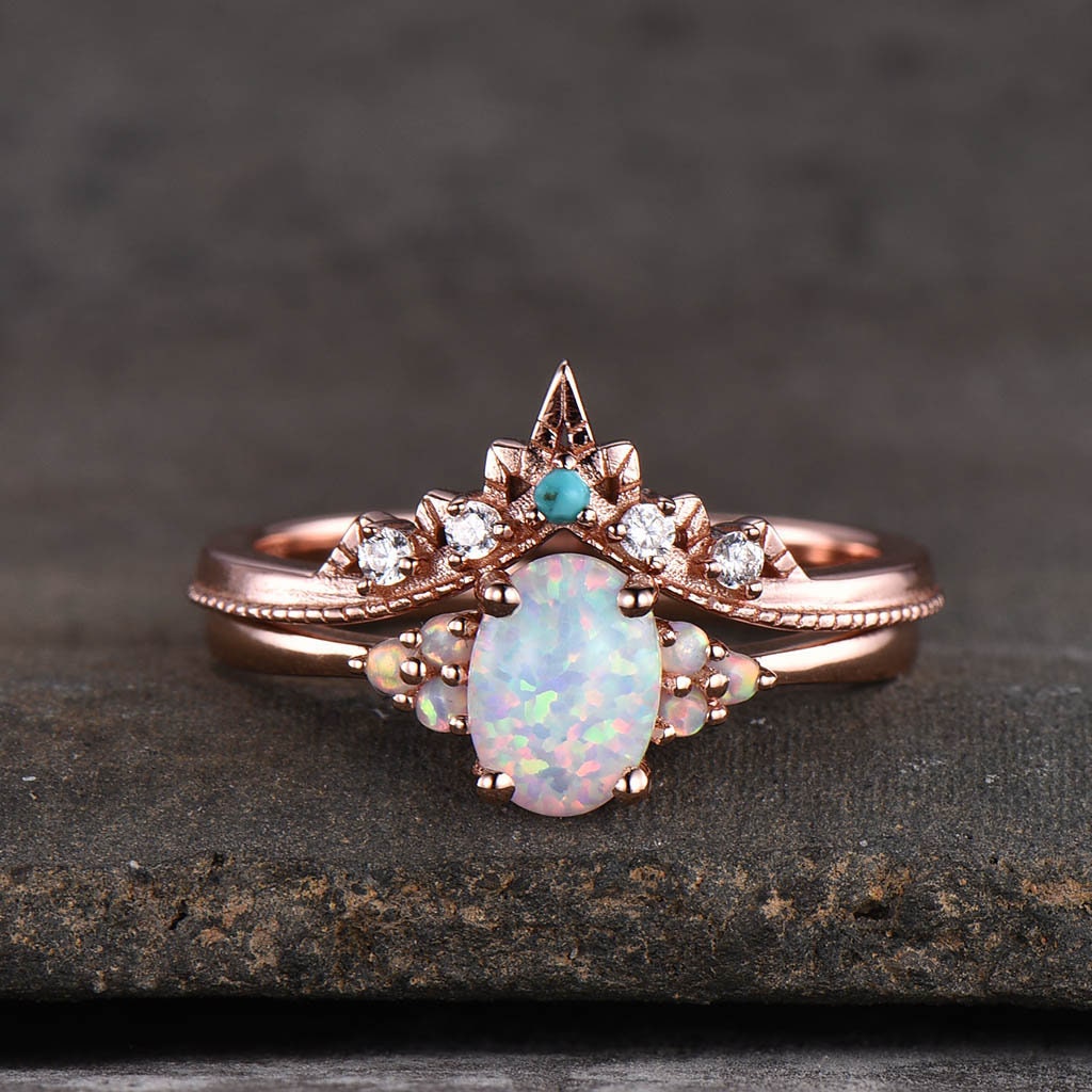 Opal Ring, Oval White Fire Opal Engagement Ring, Vintage Bridal Set Rose Gold, Promise Ring, Anniversary Birthday Gift for Her