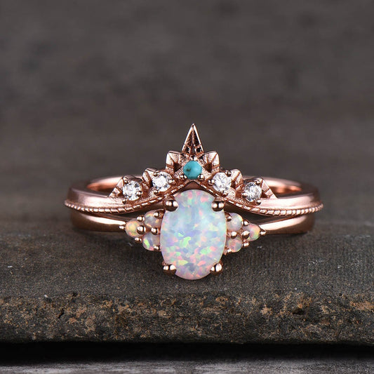 Opal Ring, Oval White Fire Opal Engagement Ring, Vintage Bridal Set Rose Gold, Promise Ring, Anniversary Birthday Gift for Her