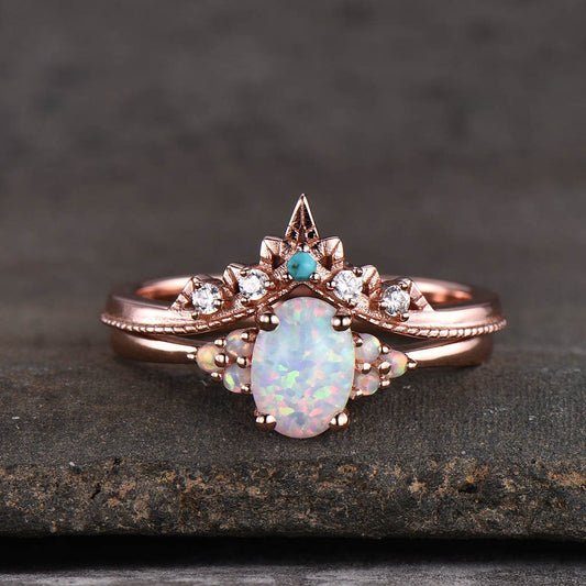 Opal Ring, Oval White Fire Opal Engagement Ring, Vintage Bridal Set Rose Gold, Promise Ring, Anniversary Birthday Gift for Her