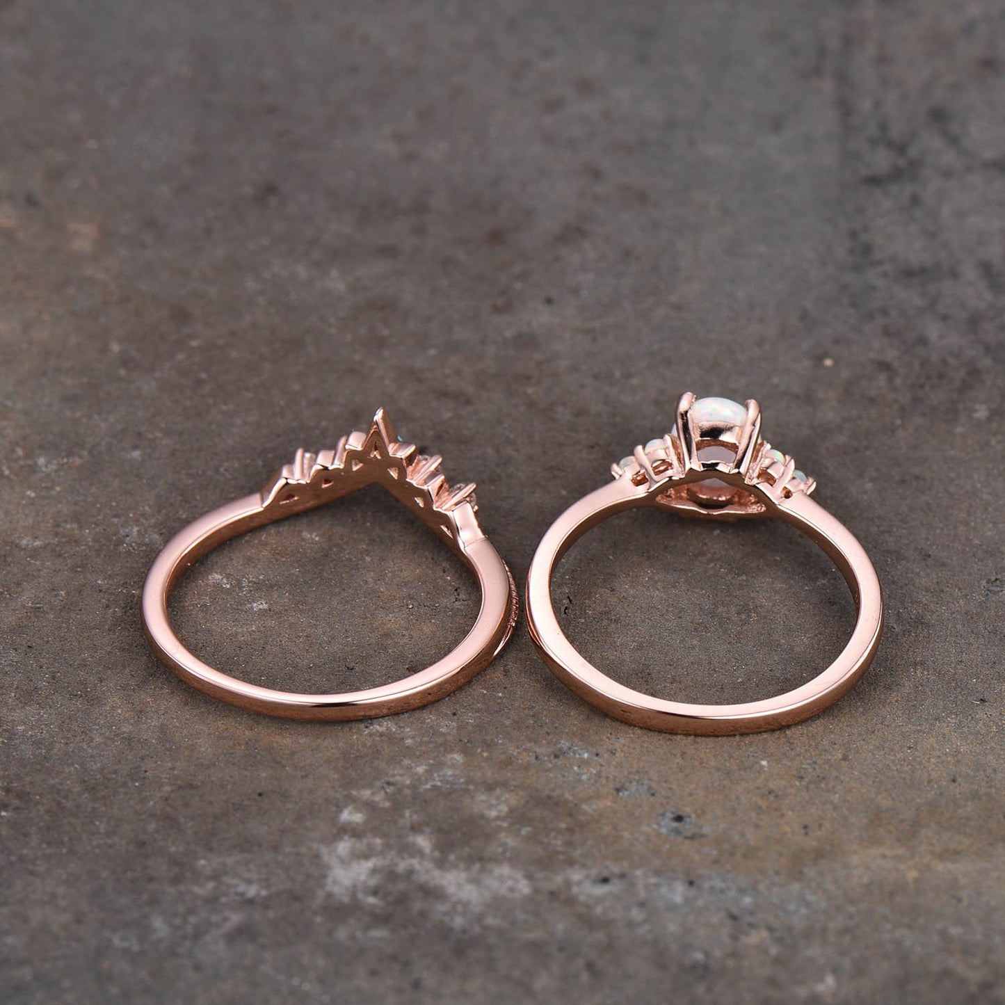 Opal Ring, Oval White Fire Opal Engagement Ring, Vintage Bridal Set Rose Gold, Promise Ring, Anniversary Birthday Gift for Her