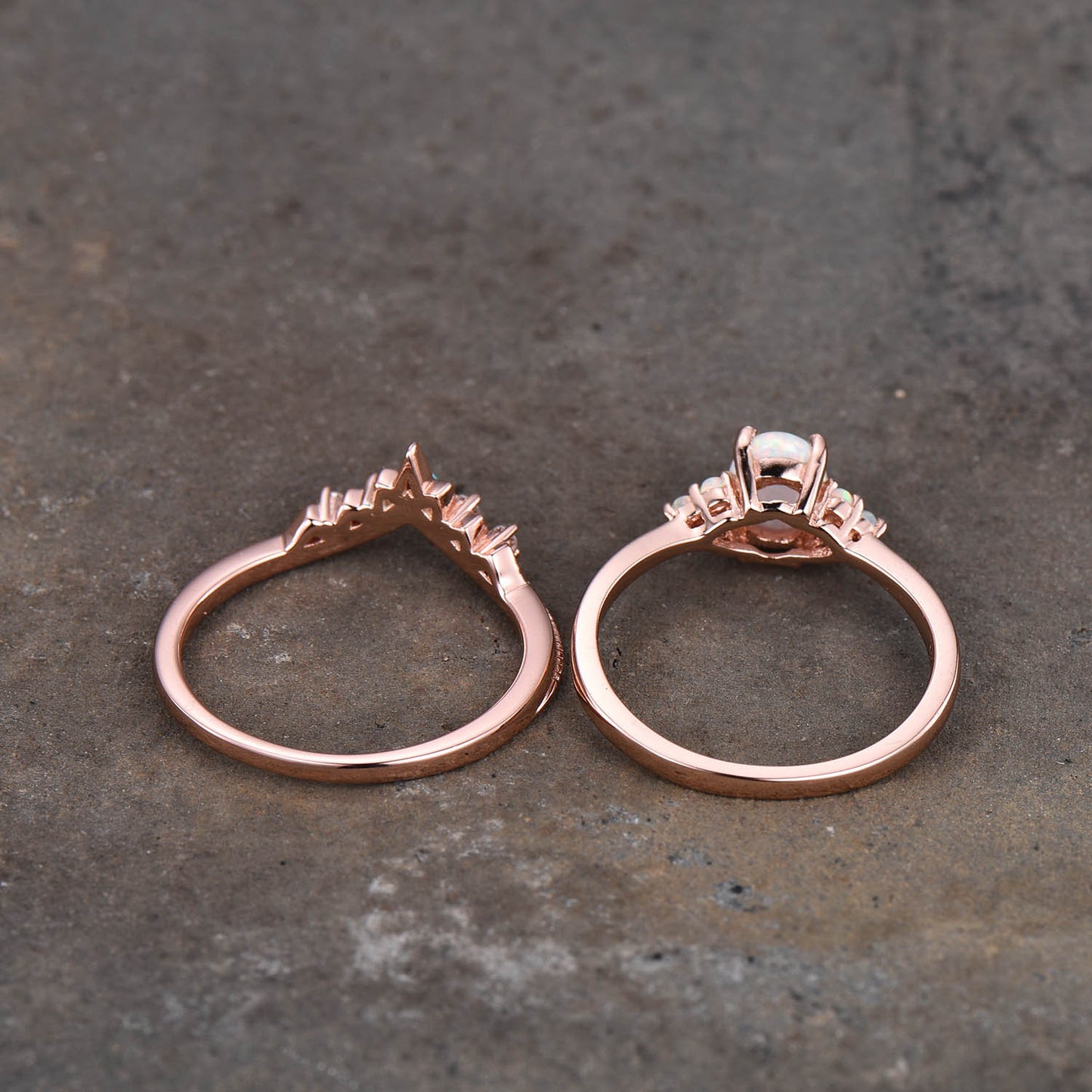 Opal Ring, Oval White Fire Opal Engagement Ring, Vintage Bridal Set Rose Gold, Promise Ring, Anniversary Birthday Gift for Her