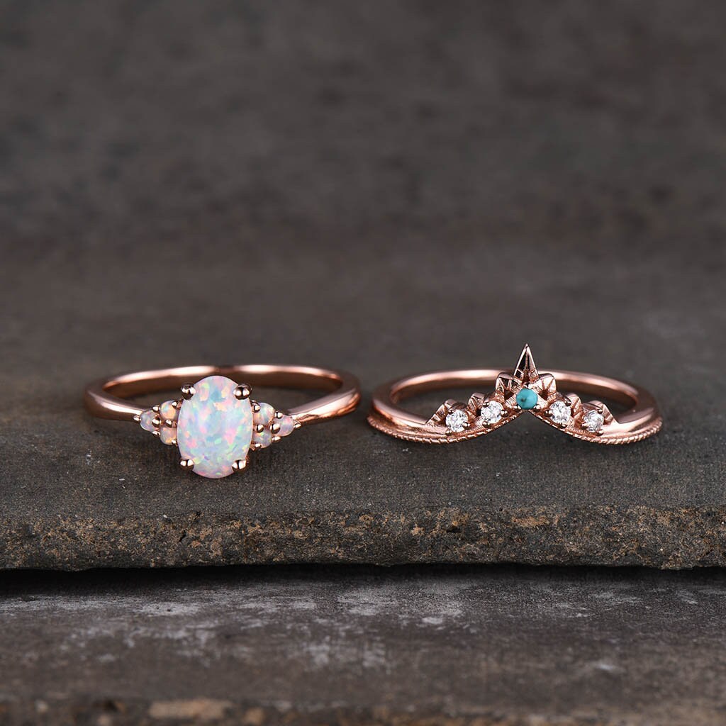 Opal Ring, Oval White Fire Opal Engagement Ring, Vintage Bridal Set Rose Gold, Promise Ring, Anniversary Birthday Gift for Her