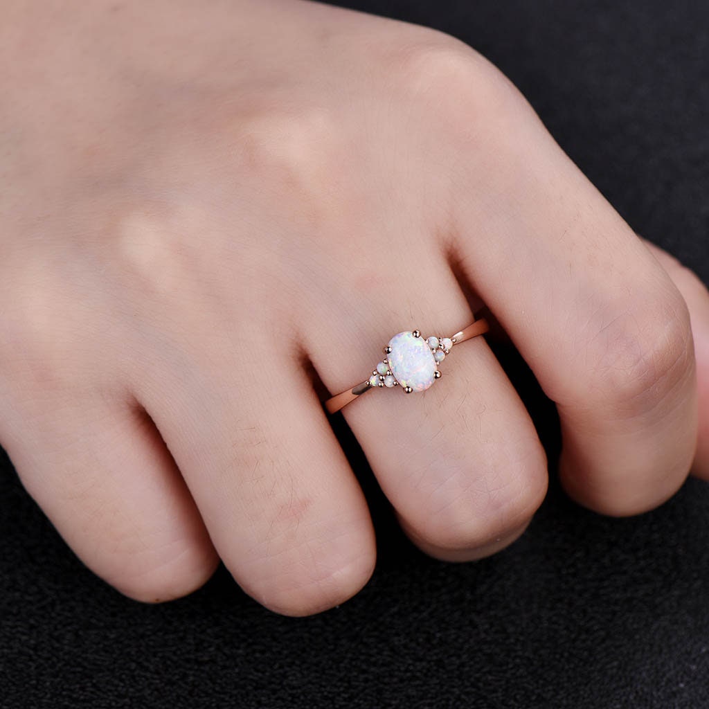 White Fire Opal Ring, Opal Engagement Ring, Dainty Cluster Ring, Rose Gold Opal Ring, Wedding Ring, Promise Ring, October Birthstone