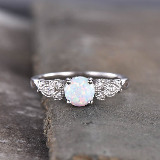 Vintage Opal Engagement Ring, White Opal Ring, Silver Ring, Unique Ring, October Birthstone Ring, Promise Ring, Anniversary Ring