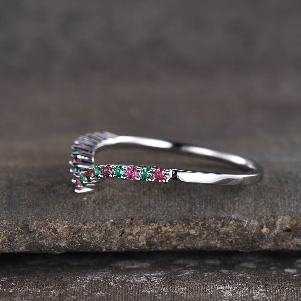 V curve stacking ring, emerald and tourmaline wedding band, dainty wedding ring, emerald wedding band, gemstone band, silver ring