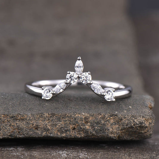 CZ Diamond Curved Wedding Band, Chevron Sterling Silver Ring, V Shape Ring, Stacking Ring, Art deco Wedding ring, Stackable Band