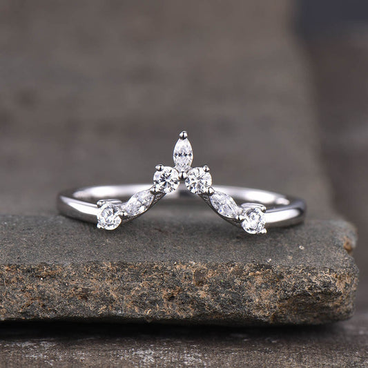 CZ Diamond Curved Wedding Band, Chevron Sterling Silver Ring, V Shape Ring, Stacking Ring, Art deco Wedding ring, Stackable Band