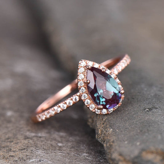 Alexandrite Ring, Dainty Ring, Pear Cut Alexandrite Engagement Ring, Halo Ring, June Birthstone Ring, Promise Ring, Gift For Her