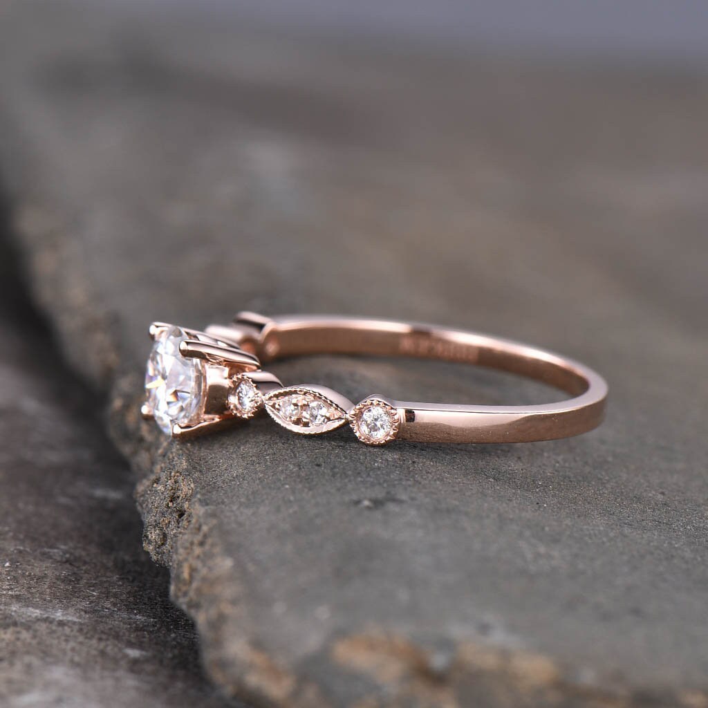 Blue sandstone engagement ring Round cut ring unique dainty wedding ring art deco bridal promise ring anniversary gift Rose gold