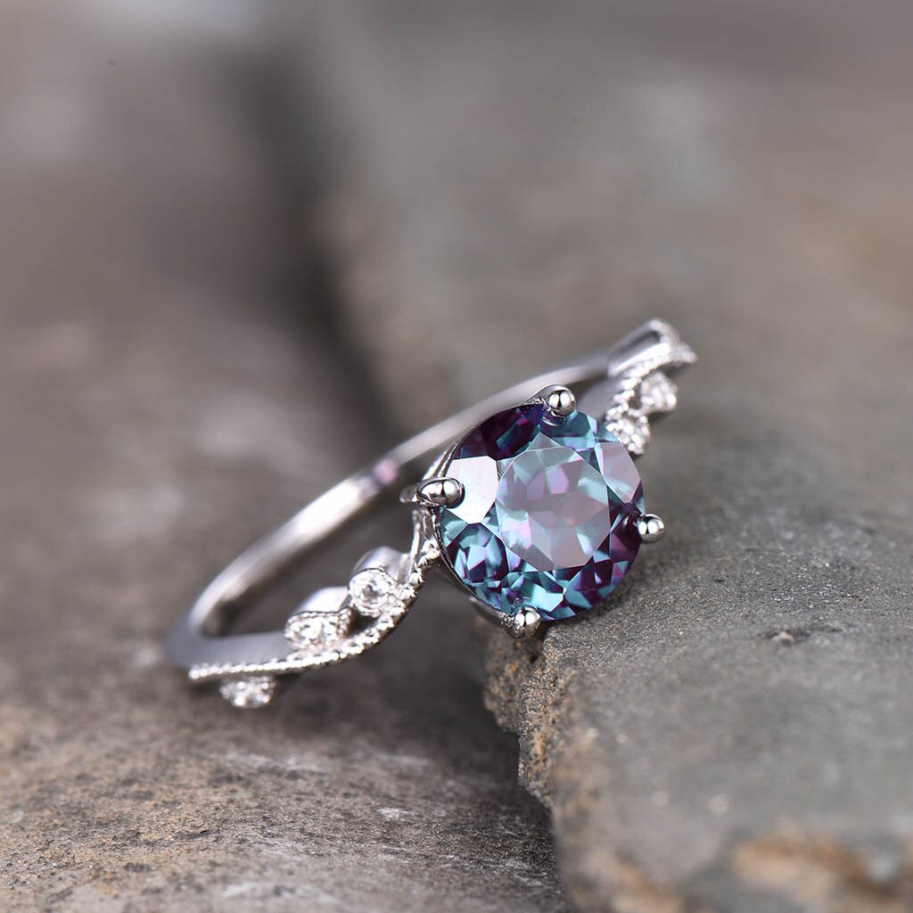 Alexandrite Ring, June Birthstone Ring, Dainty Ring, Art Deco Promise Ring, Silver Alexandrite Ring, Anniversary Ring, White Gold