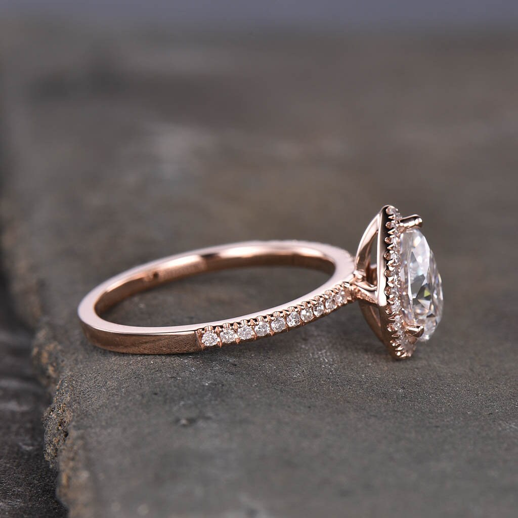 Vintage Pear shaped Blue sandstone engagement ring Rose gold diamond halo wedding ring Unique half eternity bridal ring promise gift