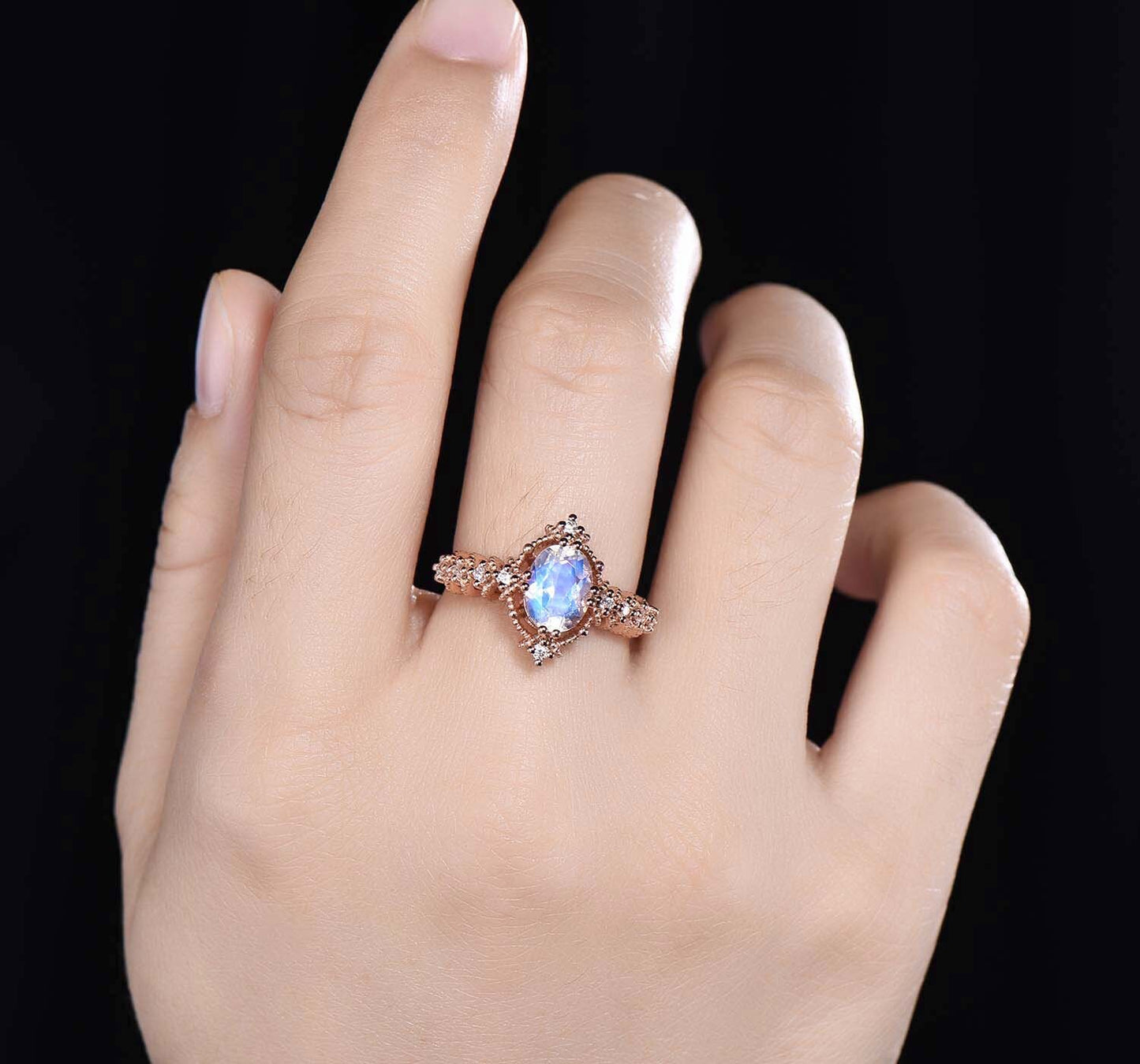 Vintage Moonstone Engagement Ring Rose Gold Diamond/Moissanite Wedding Ring 6x8mm Oval Cut Moonstone Halo Milgrain Ring June Birthstone