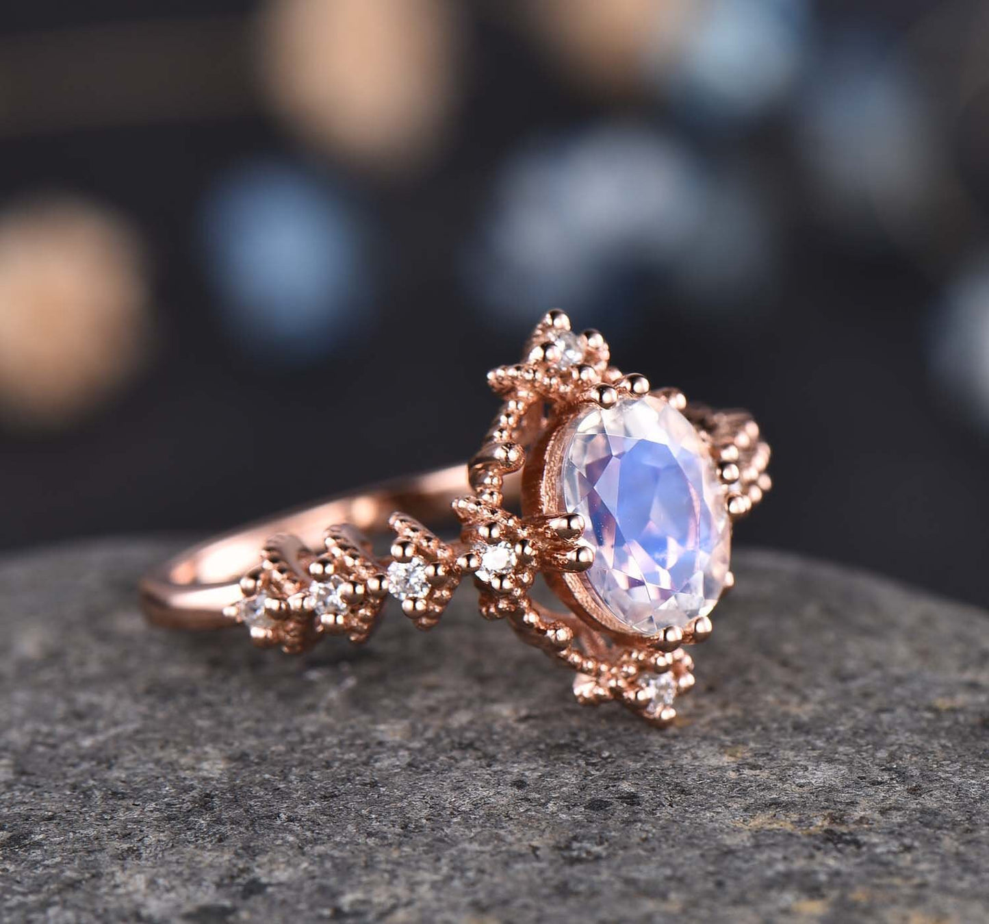 Vintage Moonstone Engagement Ring Rose Gold Diamond/Moissanite Wedding Ring 6x8mm Oval Cut Moonstone Halo Milgrain Ring June Birthstone