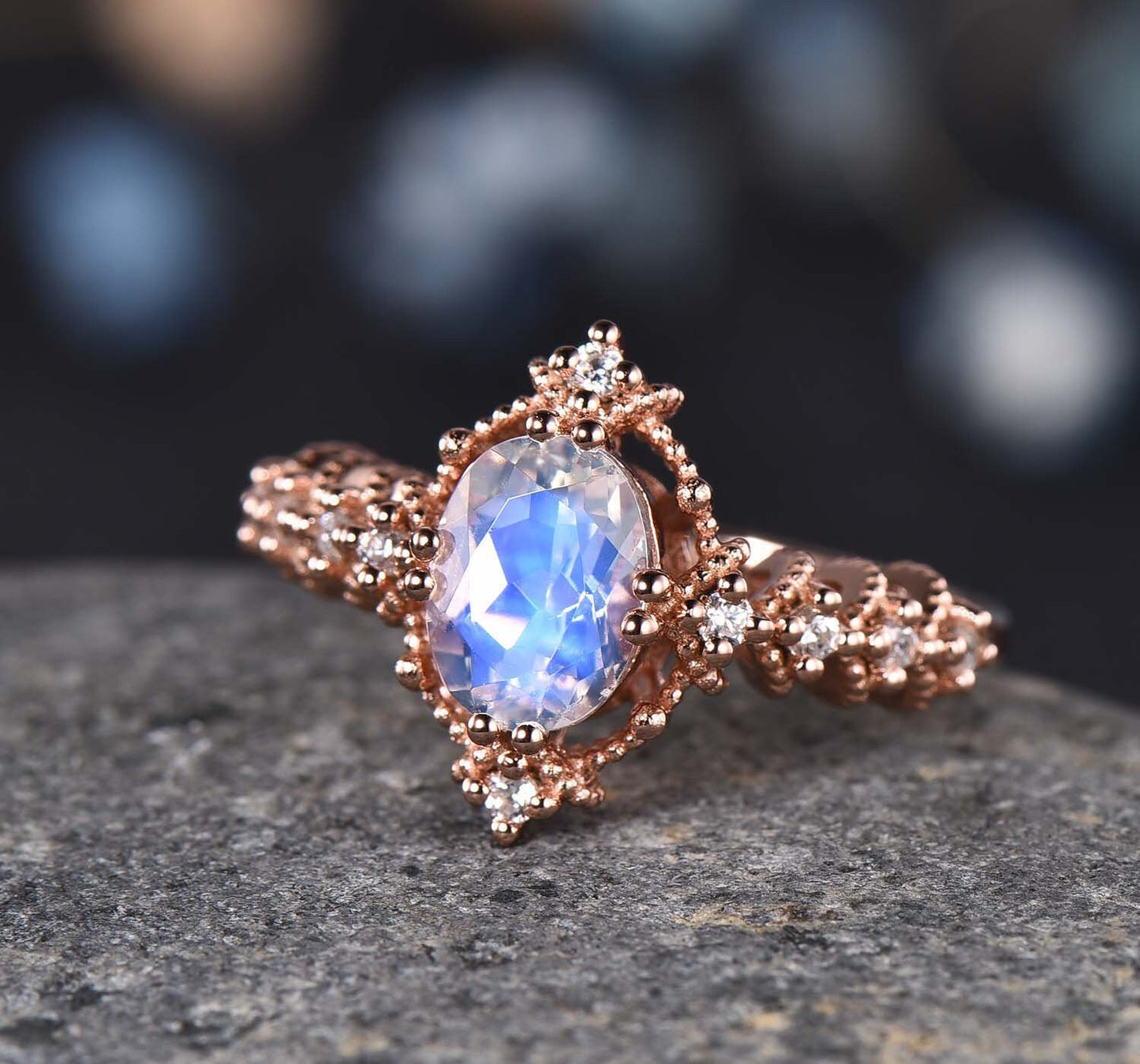 Vintage Moonstone Engagement Ring Rose Gold Diamond/Moissanite Wedding Ring 6x8mm Oval Cut Moonstone Halo Milgrain Ring June Birthstone