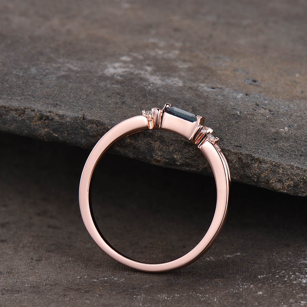 Baguette Alexandrite Ring, Alexandrite Wedding Ring, Rose Gold Wedding Band, Dainty Ring, June Birthstone Ring, Anniversary Gift