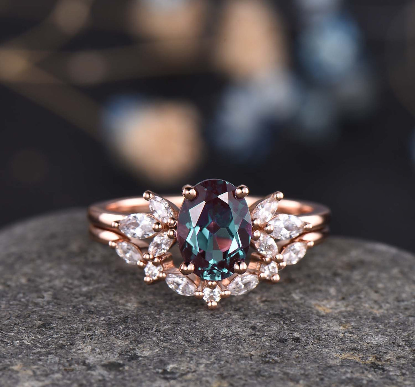 Alexandrite Engagement Ring Set Rose Gold Women Diamond/Moissanite Matching Band Unique Promise Bridal Stacking Ring Set Gift For Her