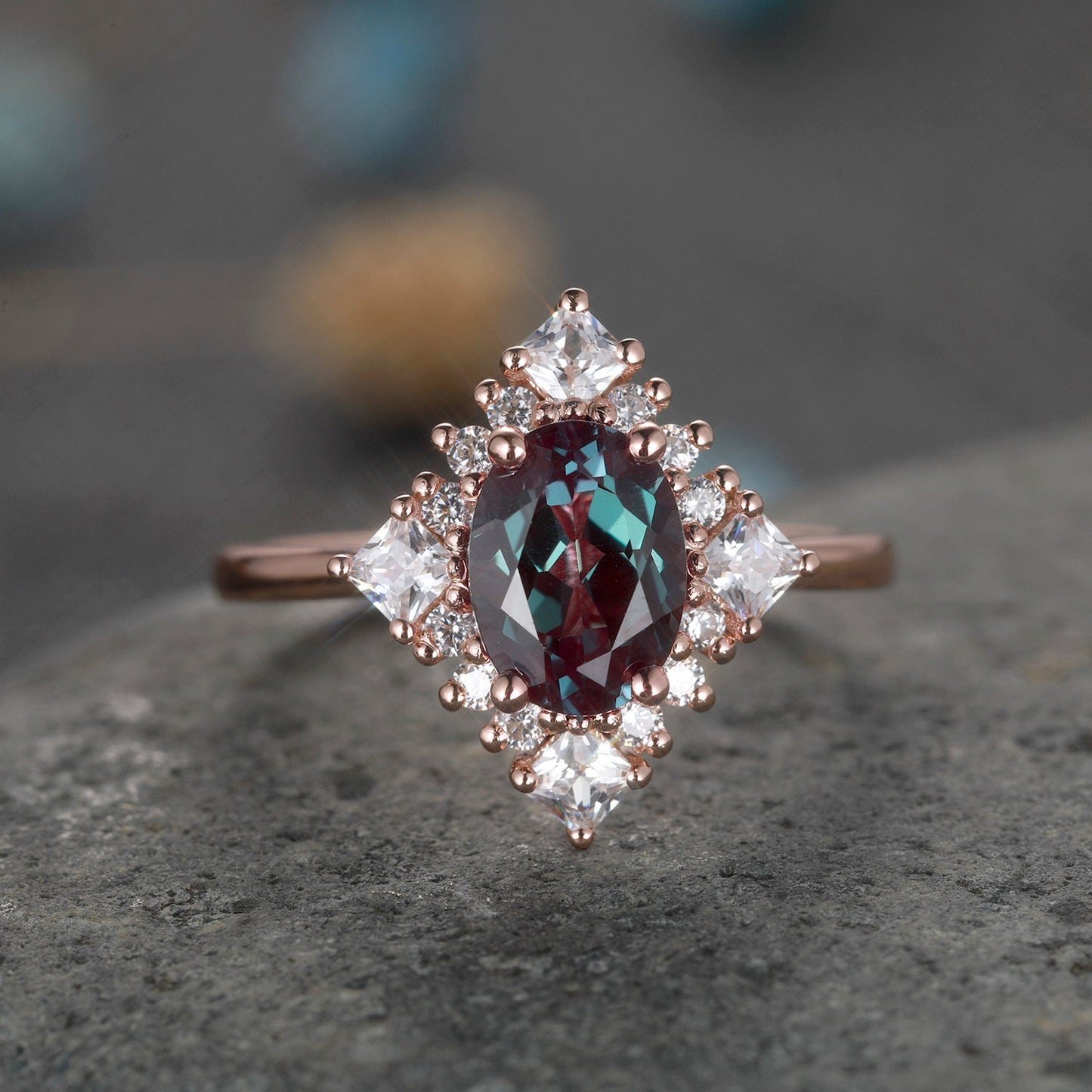 Vintage engagement ring 14k gold alexandrite moissanite wedding ring women bridal jewelry floral halo plain gold band anniversary ring gift