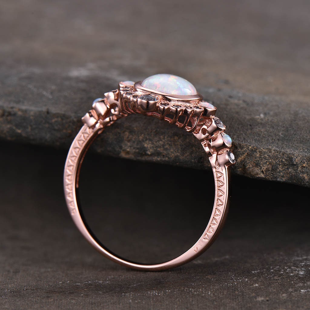 Rose Gold Opal Ring, White Opal Engagement Ring, Vintage Opal Ring, Blue Topaz Halo Ring, October Birthstone, Promise Ring, Gift for Her